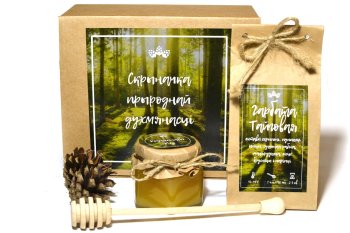 Подарочный набор "Скрынка-1": травяной чай, мед, ложка для меда, шишка сосновая