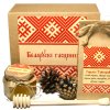 Подарочный набор "Беларускi гасцiнец". Состав: травяной чай, мед, ложка для меда, шишка сосновая